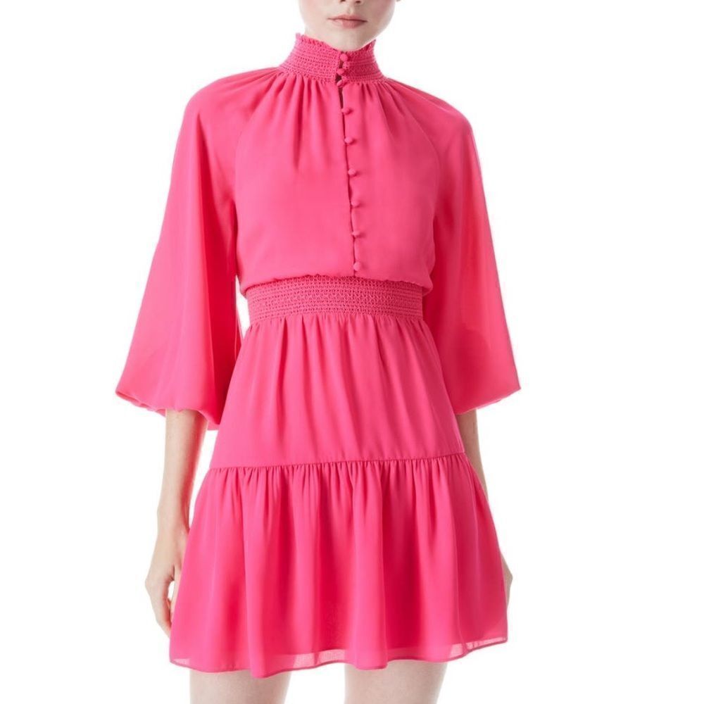 NWT Alice + Olivia Lavinia Smocked Mock Neck Long Sleeve Minidress Pink Size 2